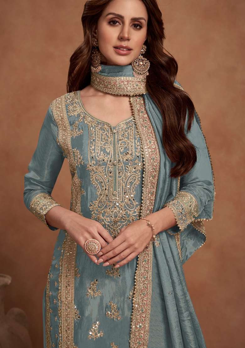 Grey Embroidered Silk Kurta Set - Indya