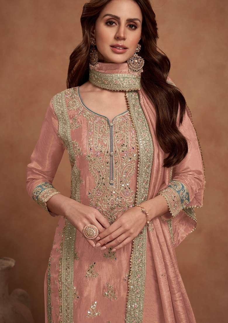 Peach Embroidered Silk Kurta Set - Indya