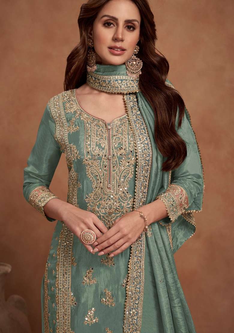 Sea Green Embroidered Silk Kurta Set - Indya