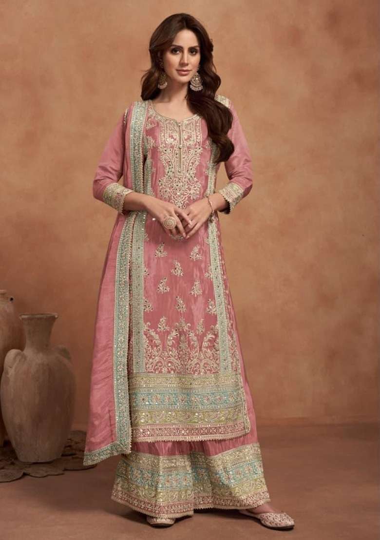 Dark Peach Embroidered Silk Kurta Set - Indya