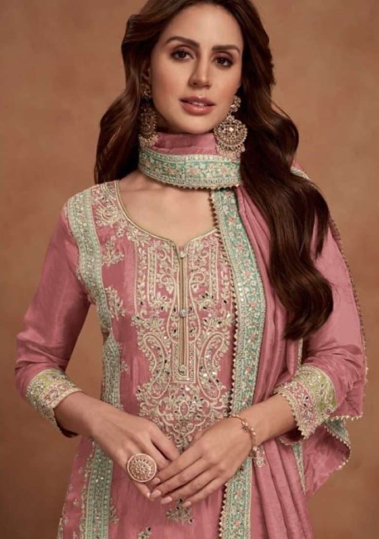 Dark Peach Embroidered Silk Kurta Set - Indya
