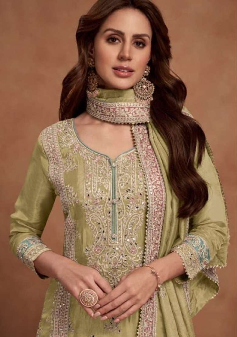Lemon Embroidered Silk Kurta Set - Indya