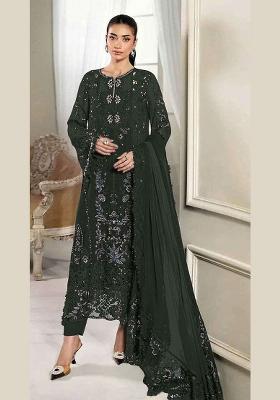 Dark Green Embroidered Silk Kurta Set