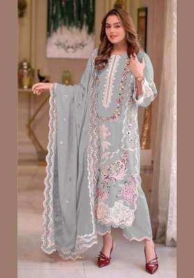 Grey Moti Work Chiffon Kurta Set