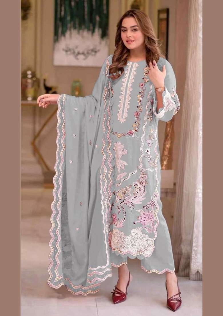 Grey Moti Work Chiffon Kurta Set - Indya