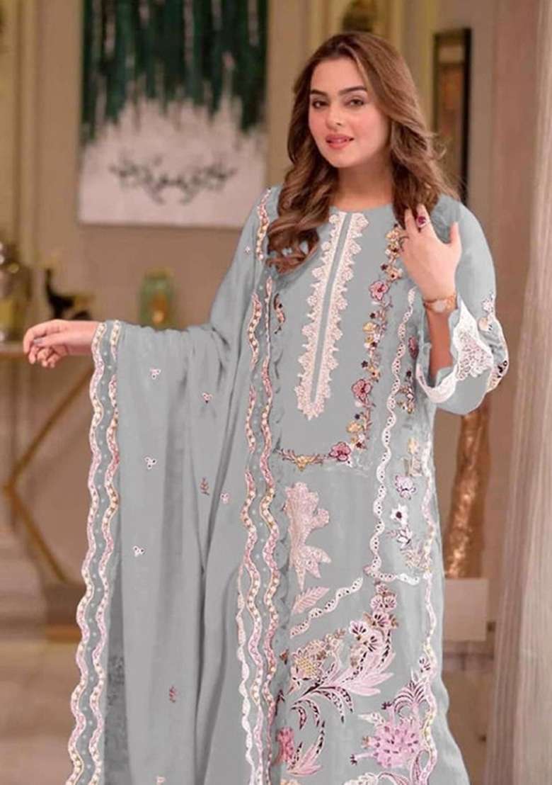 Grey Moti Work Chiffon Kurta Set - Indya