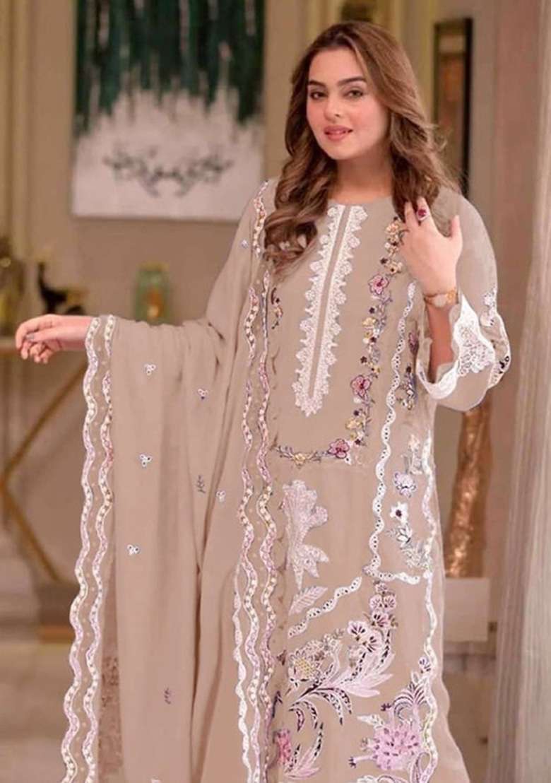 Coffee Moti Work Chiffon Kurta Set - Indya