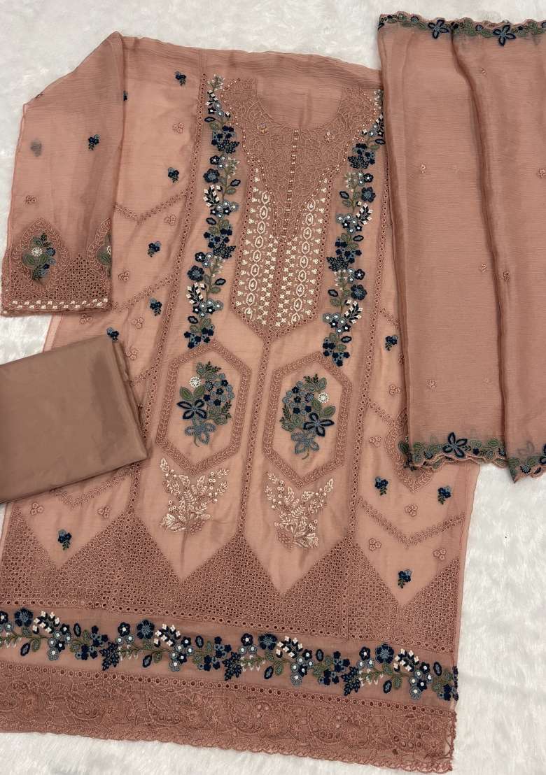 Brown Embroidered Chiffon Kurta Set - Indya