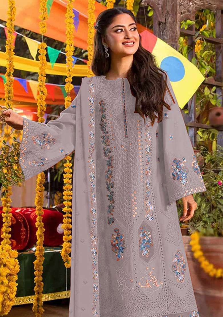 Lavender Embroidered Chiffon Kurta Set - Indya