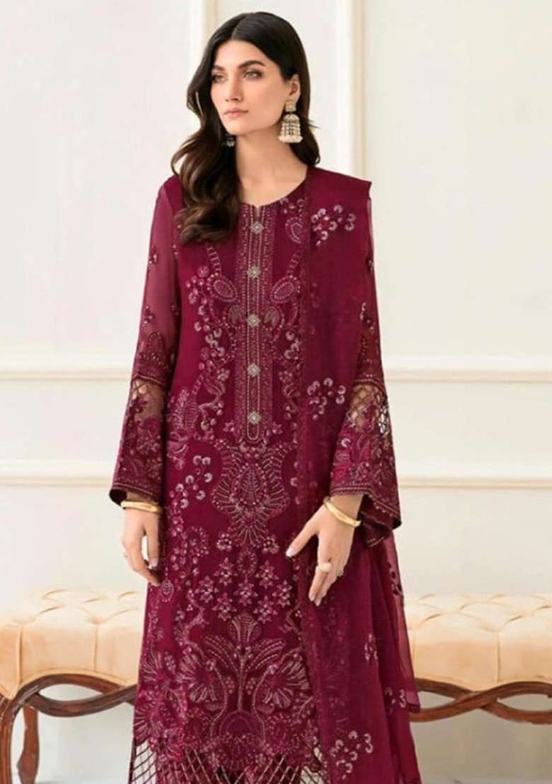 Maroon Embroidered Georgette Kurta Set - Indya