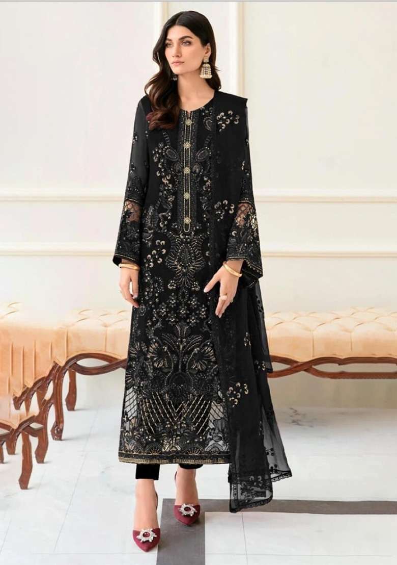 Black Embroidered Georgette Kurta Set - Indya