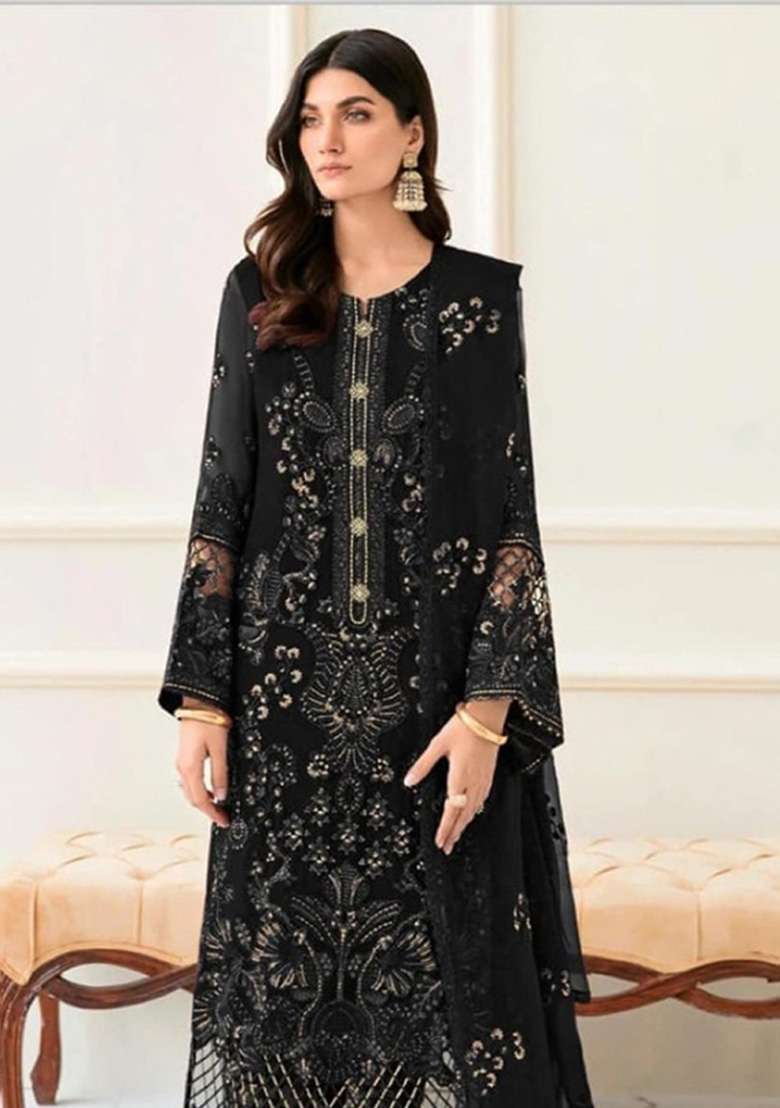 Black Embroidered Georgette Kurta Set - Indya