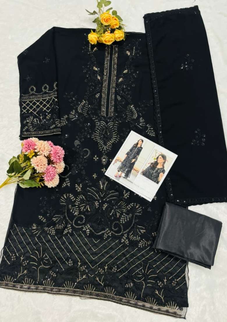 Black Embroidered Georgette Kurta Set - Indya