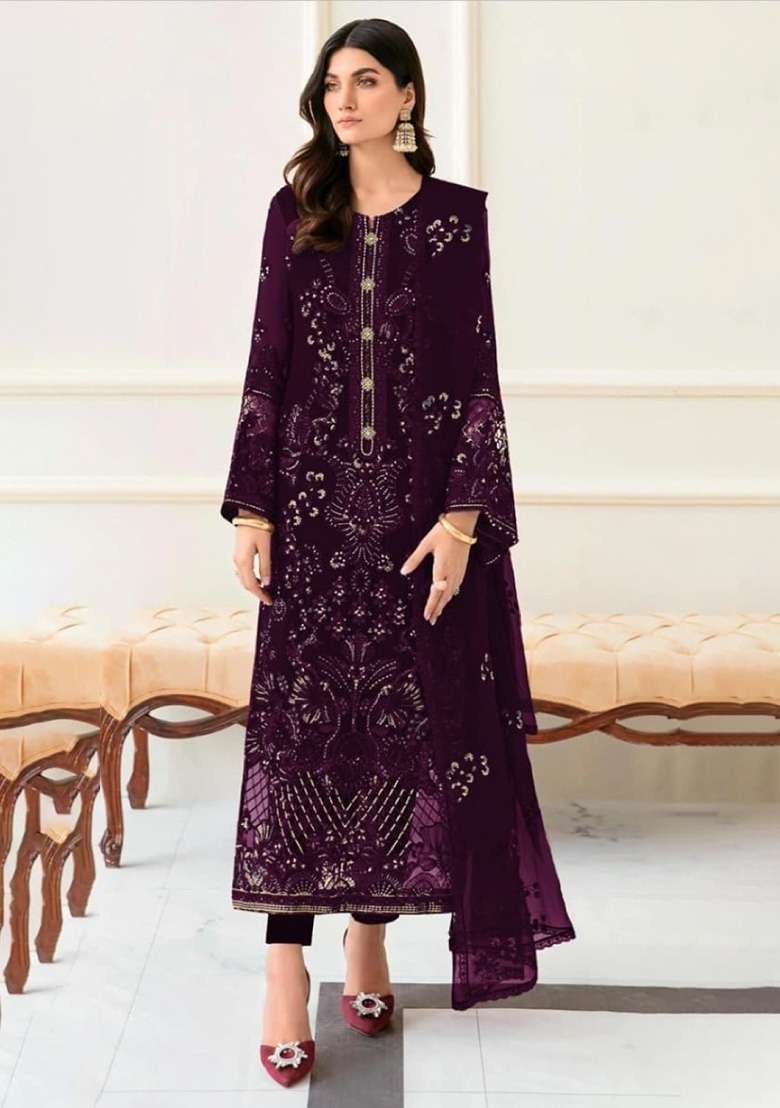 Purple Embroidered Georgette Kurta Set - Indya