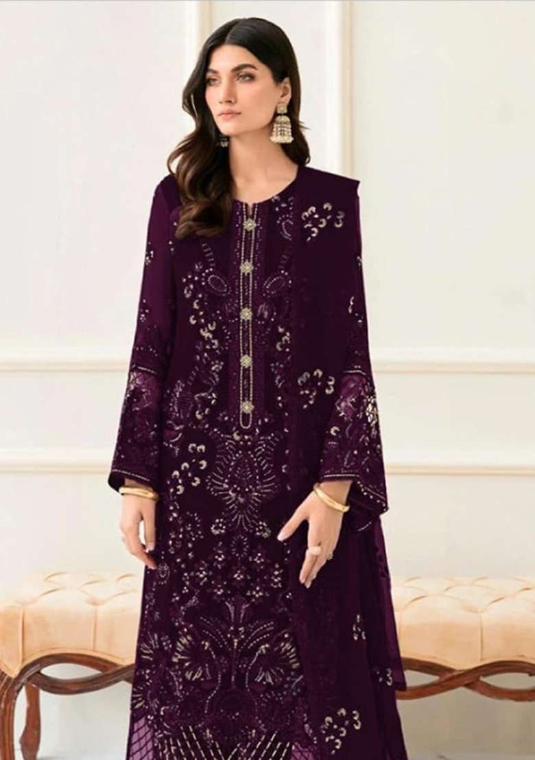 Purple Embroidered Georgette Kurta Set - Indya
