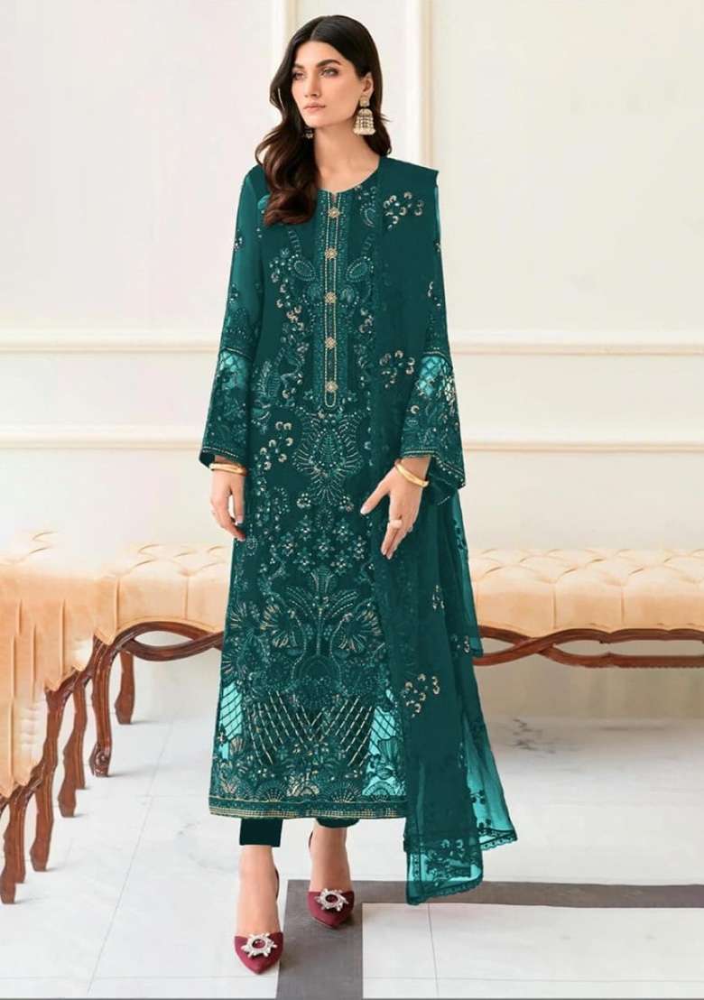 Teal Green Embroidered Georgette Kurta Set - Indya