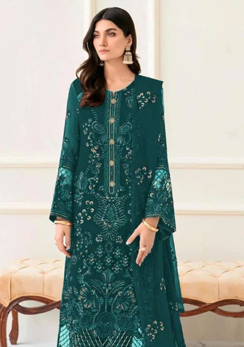 Teal Green Embroidered Georgette Kurta Set - Indya
