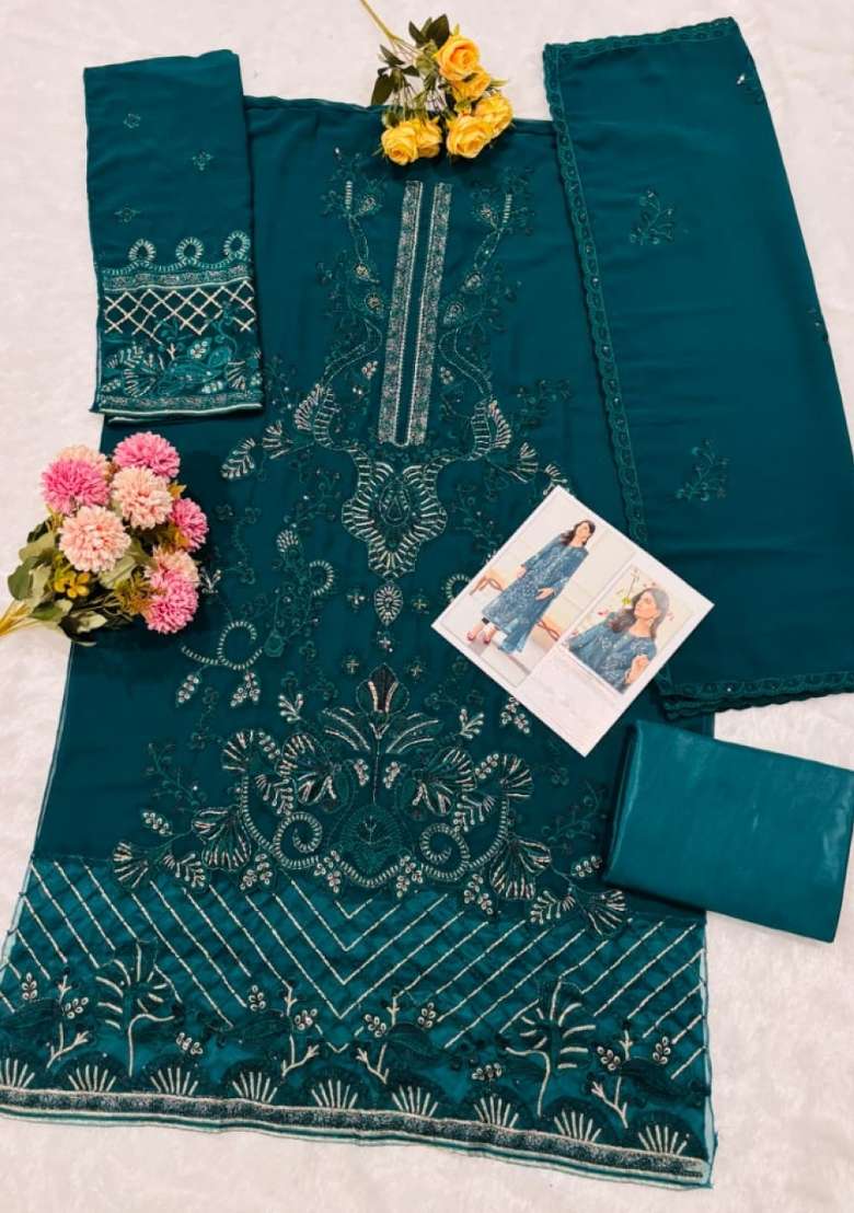 Teal Green Embroidered Georgette Kurta Set - Indya