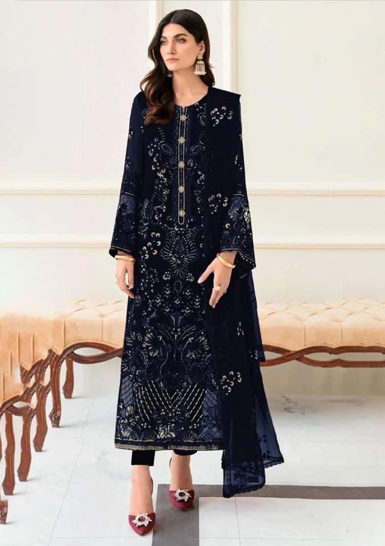 Navy Blue Embroidered Georgette Kurta Set - Indya