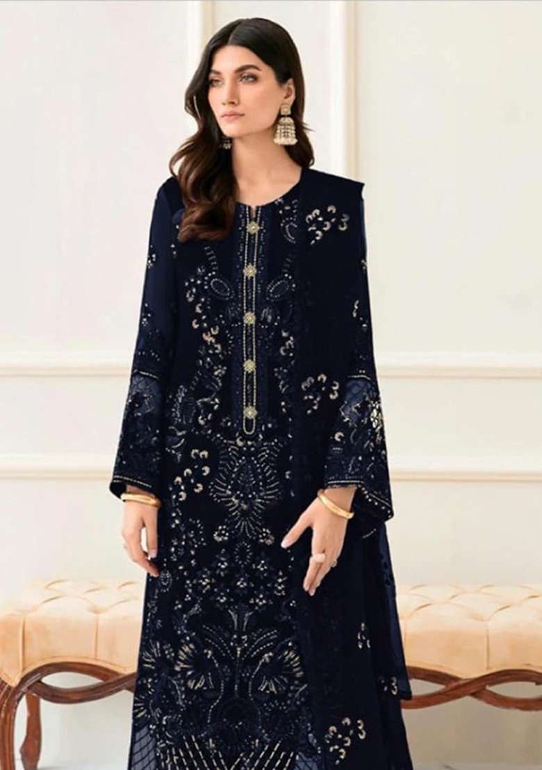 Navy Blue Embroidered Georgette Kurta Set - Indya