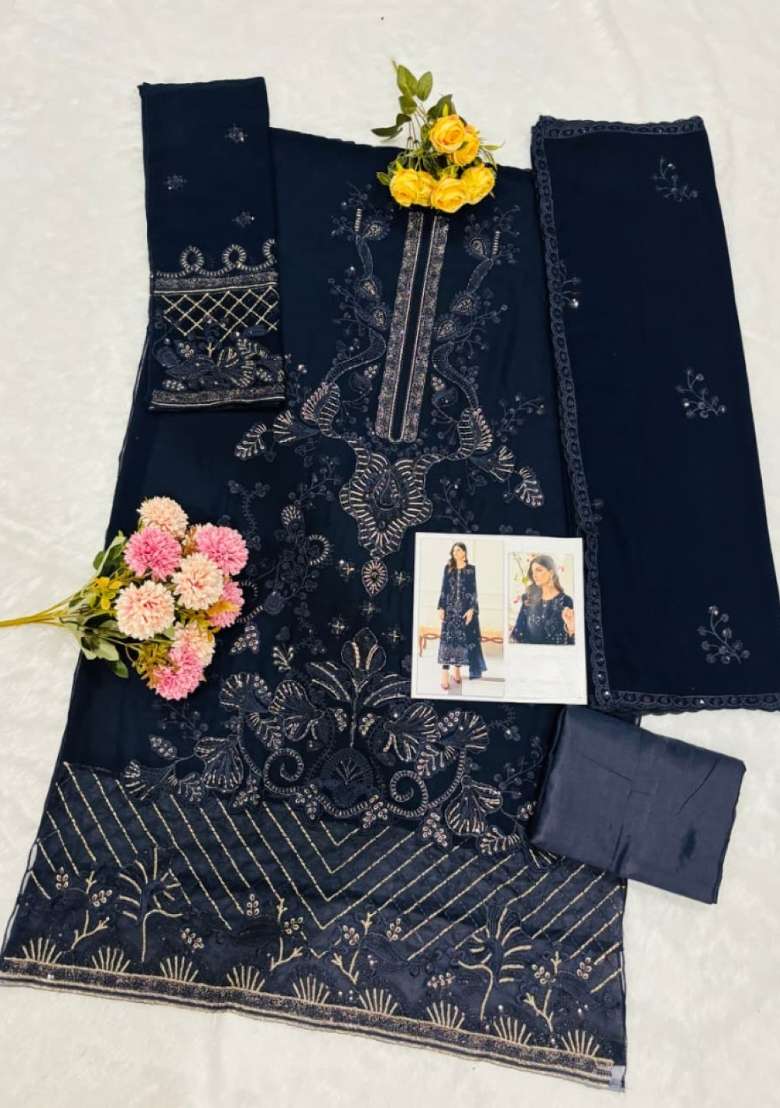 Navy Blue Embroidered Georgette Kurta Set - Indya
