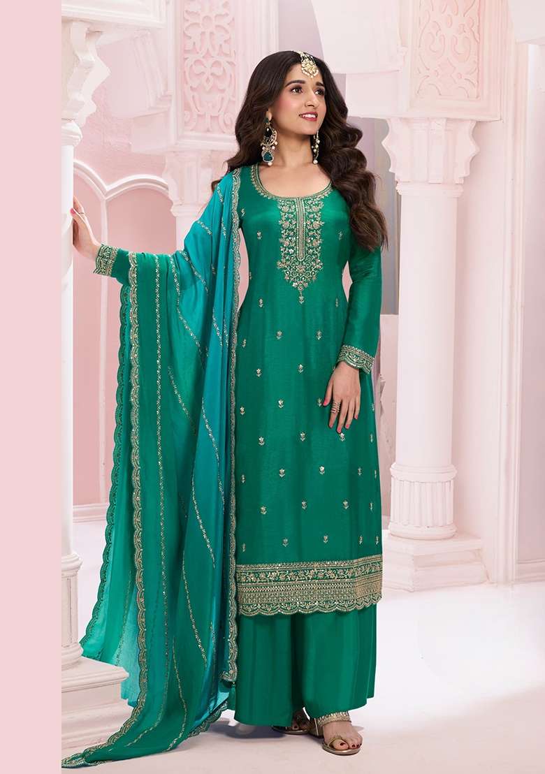 Green Embroidered Silk Kurta Set - Indya