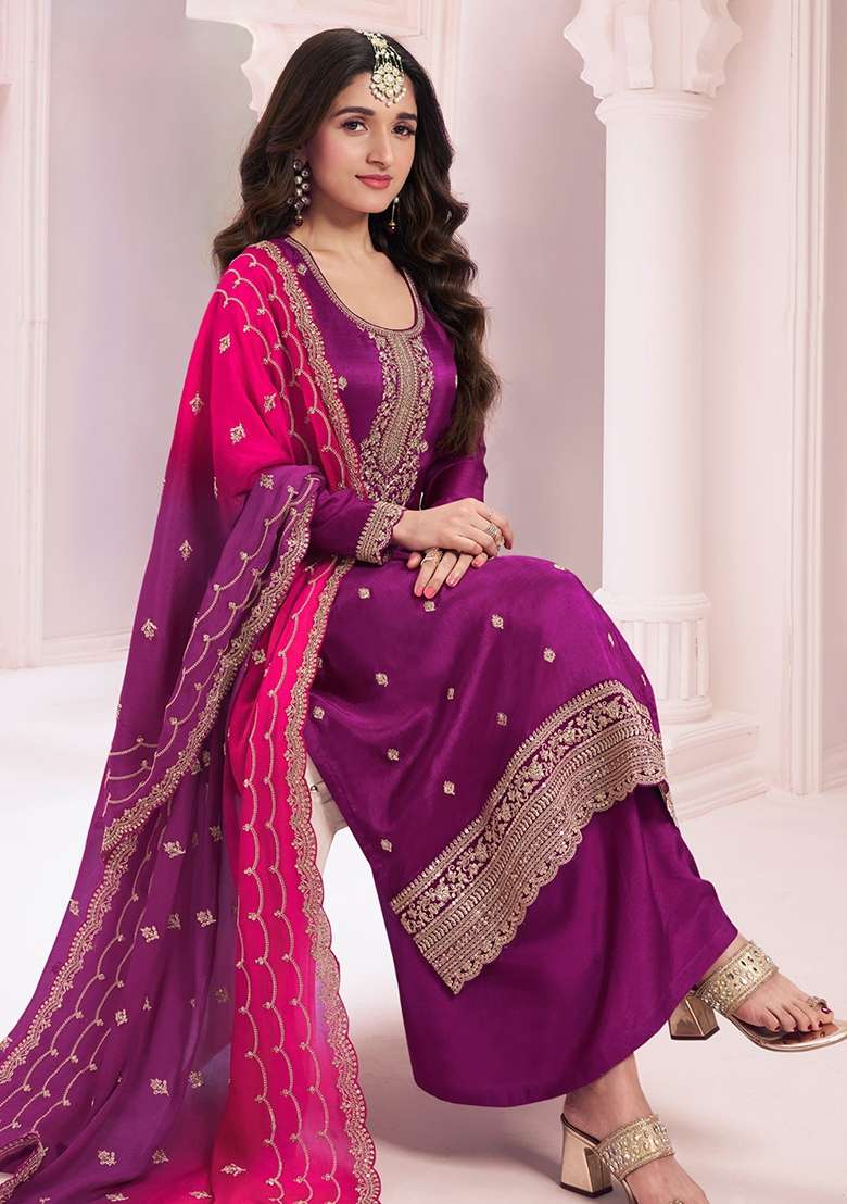 Purple Embroidered Silk Kurta Set - Indya