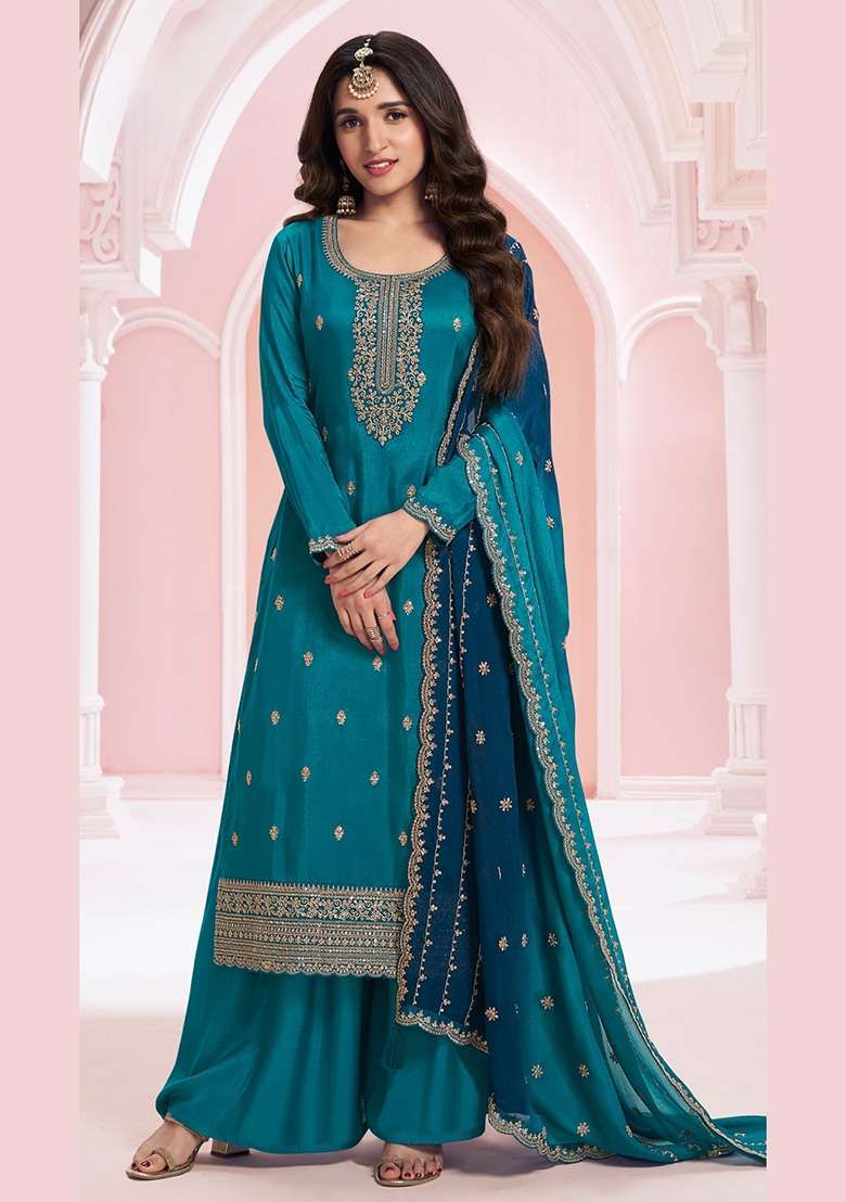 Teal Blue Embroidered Silk Kurta Set - Indya