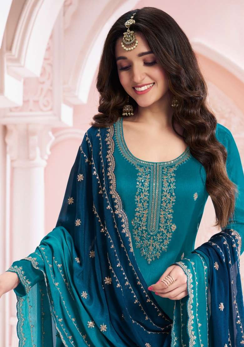 Teal Blue Embroidered Silk Kurta Set - Indya