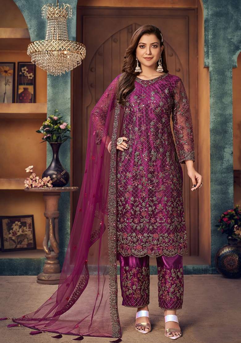 Purple Embroidered Net Kurta Set - Indya