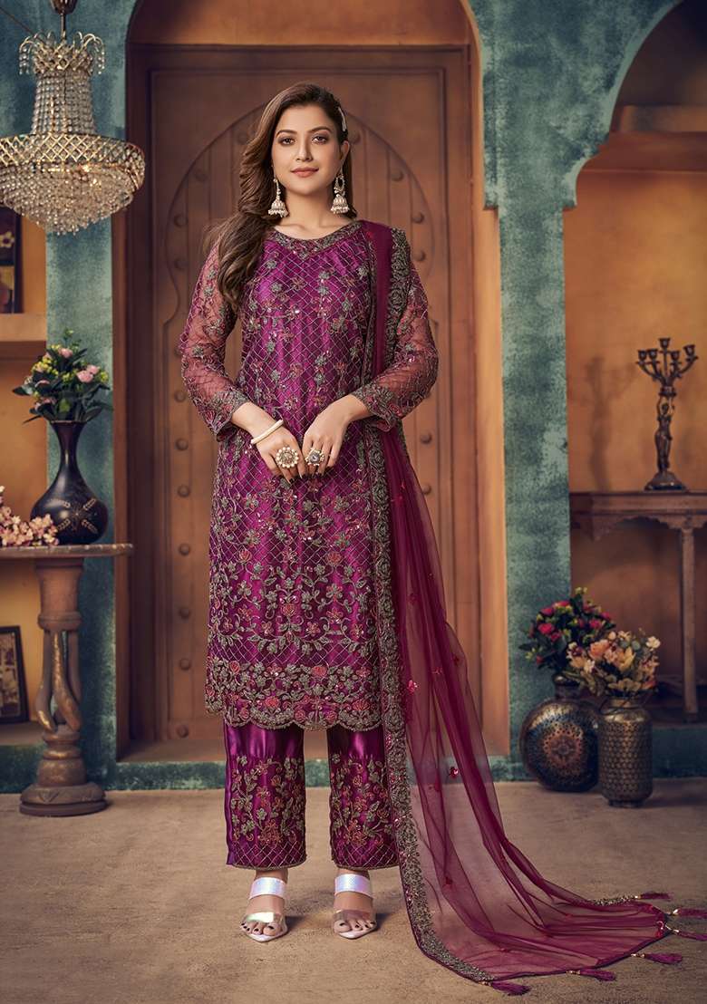 Purple Embroidered Net Kurta Set - Indya