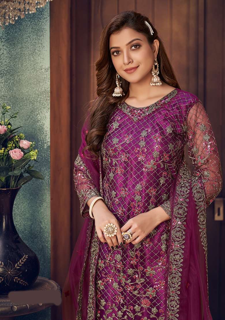 Purple Embroidered Net Kurta Set - Indya
