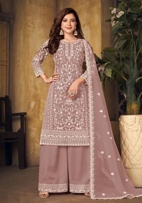 Light Brown Embroidered Net Kurta Set
