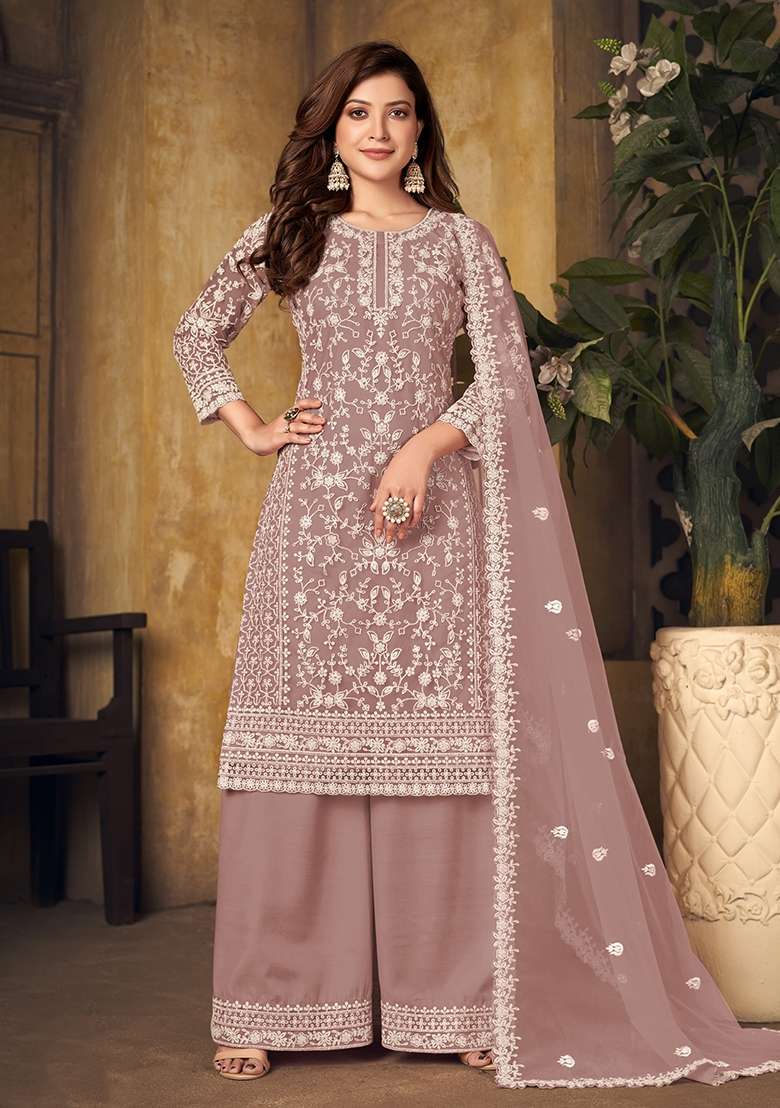 Light Brown Embroidered Net Kurta Set - Indya