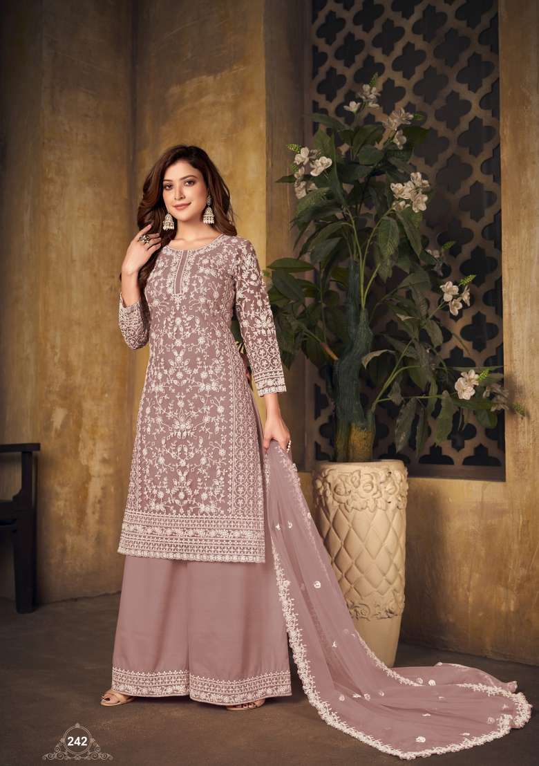 Light Brown Embroidered Net Kurta Set - Indya