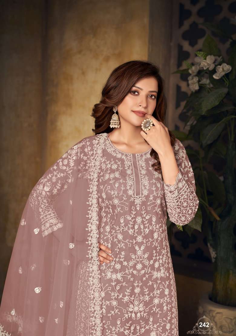 Light Brown Embroidered Net Kurta Set - Indya