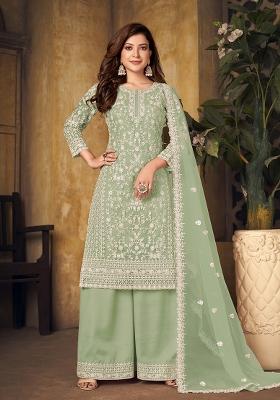 Light Green Embroidered Net Kurta Set