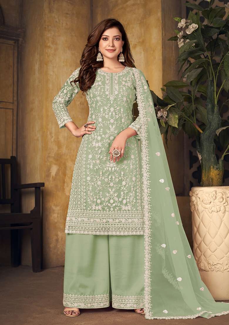 Light Green Embroidered Net Kurta Set - Indya