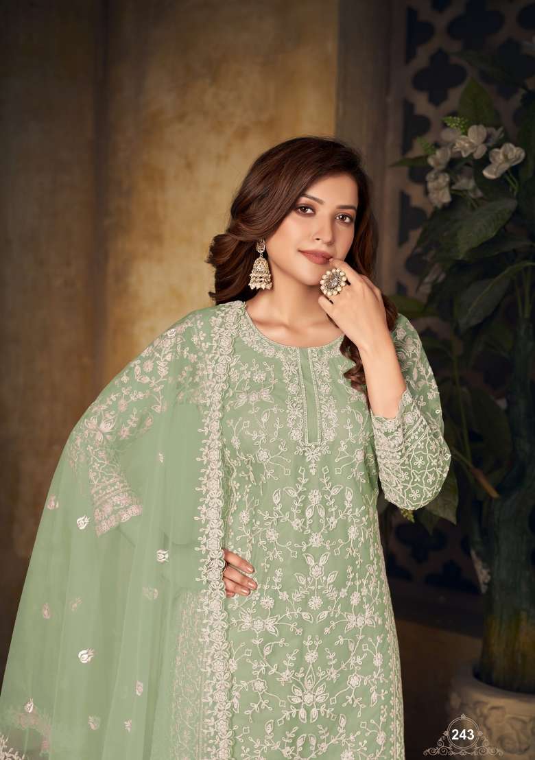 Light Green Embroidered Net Kurta Set - Indya