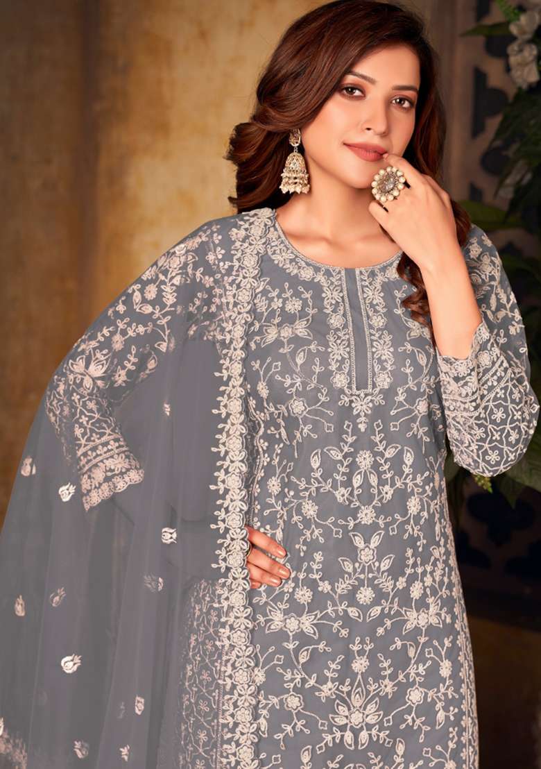 Grey Embroidered Net Kurta Set - Indya