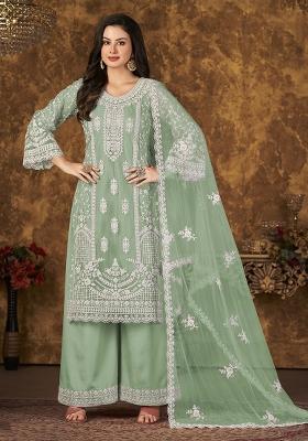 Light Green Embroidered Net Kurta Set