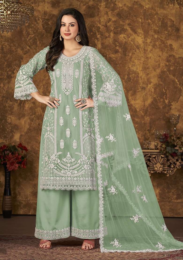 Light Green Embroidered Net Kurta Set - Indya