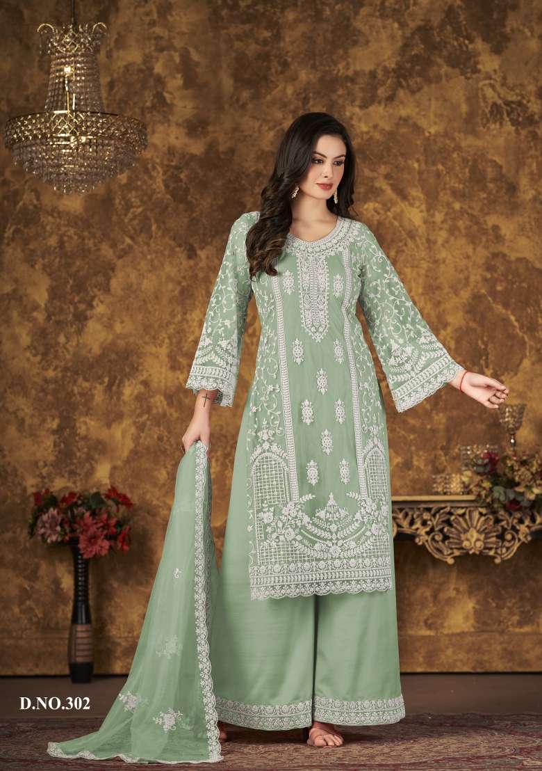 Light Green Embroidered Net Kurta Set - Indya