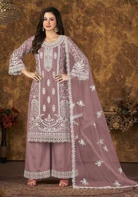 Purple Embroidered Net Kurta Set