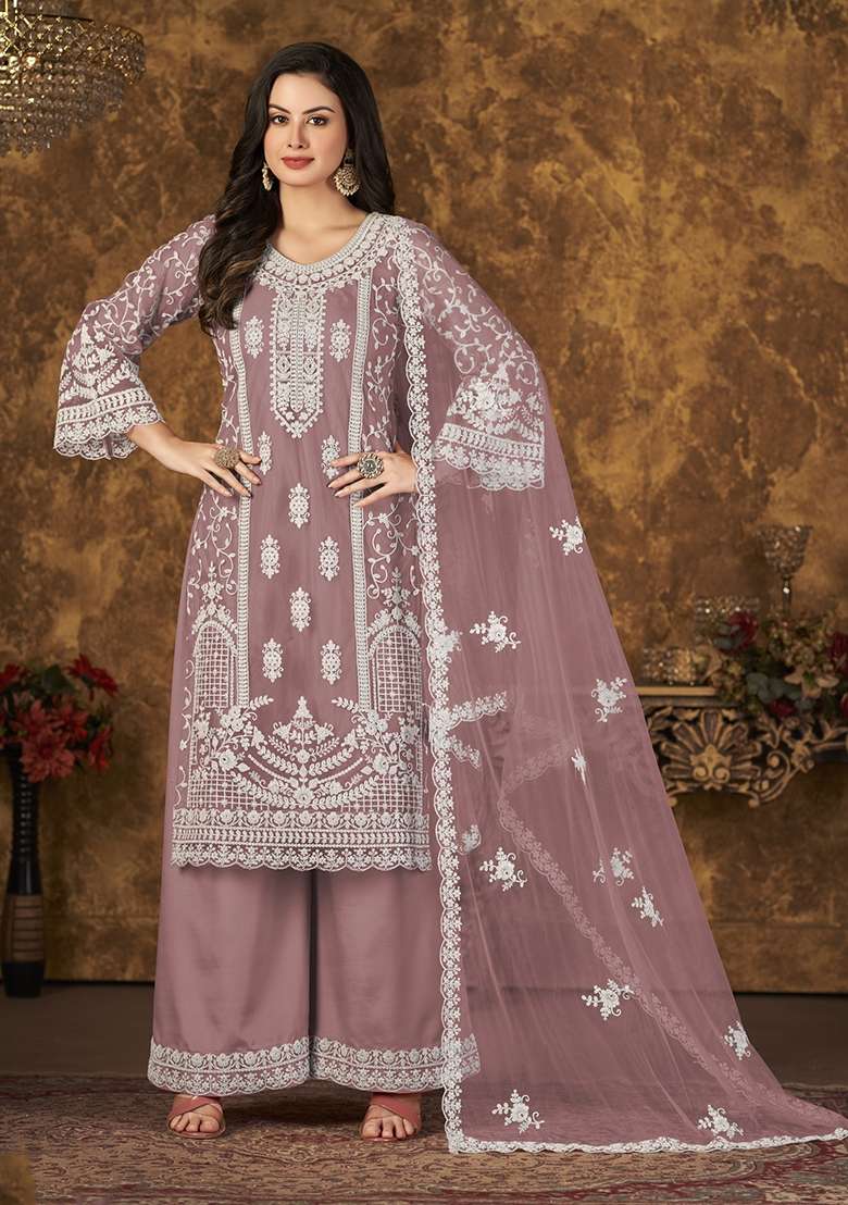 Purple Embroidered Net Kurta Set - Indya