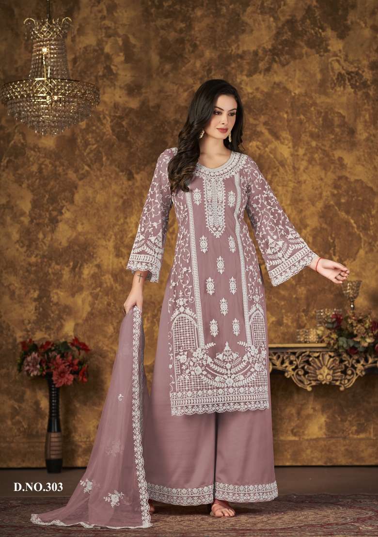 Purple Embroidered Net Kurta Set - Indya