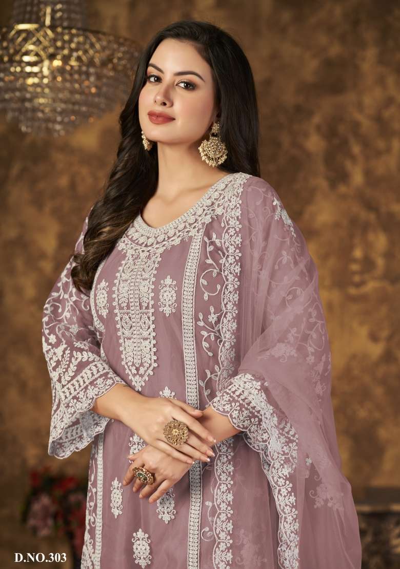 Purple Embroidered Net Kurta Set - Indya
