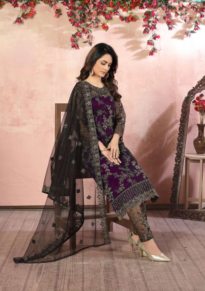 Purple Embroidered Net Kurta Set - Indya