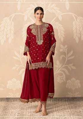 Red Embroidered Georgette Kurta Set
