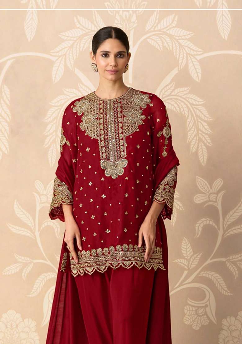 Red Embroidered Georgette Kurta Set - Indya